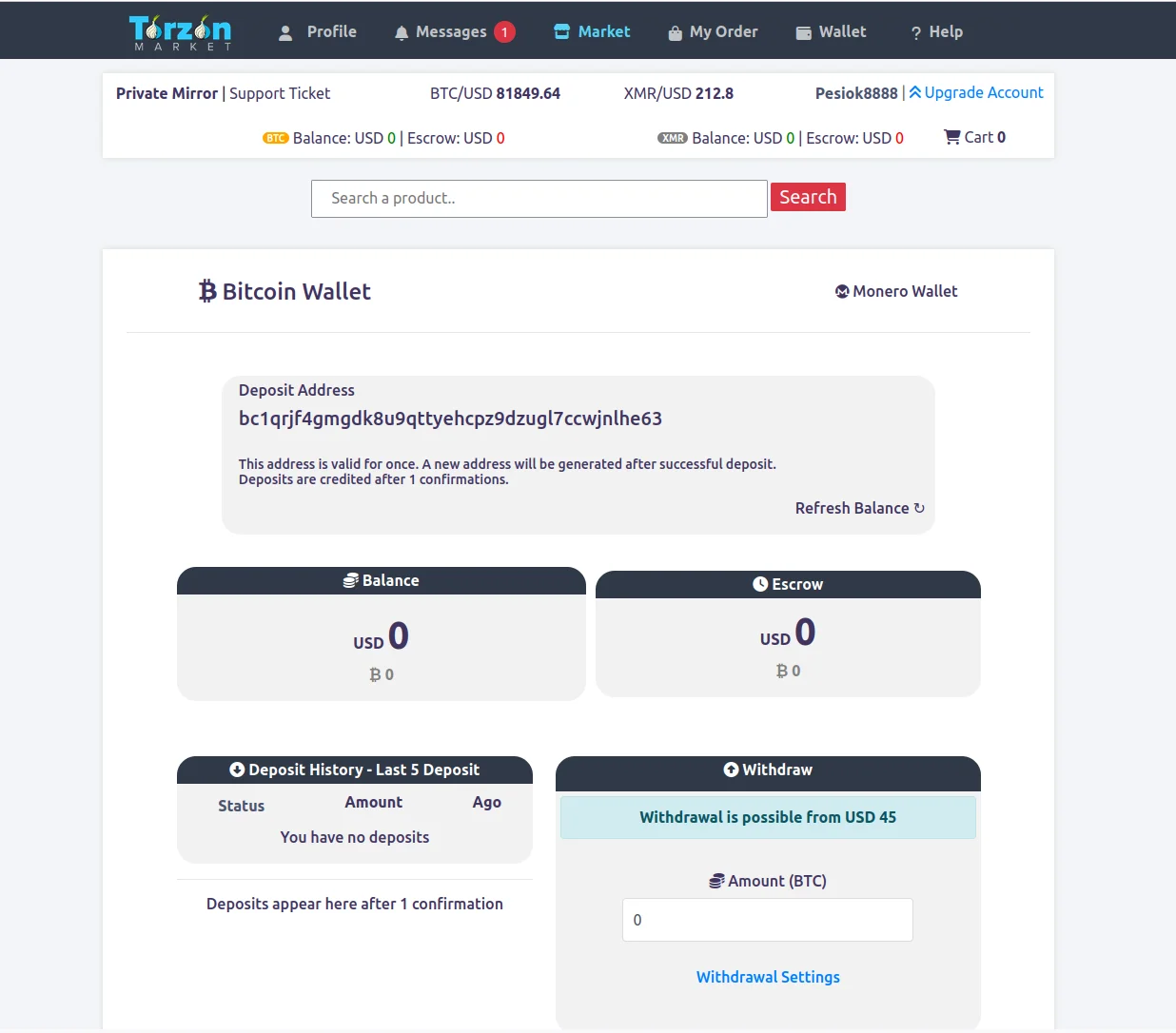 Torzon Market Wallet - Cryptocurrency Management